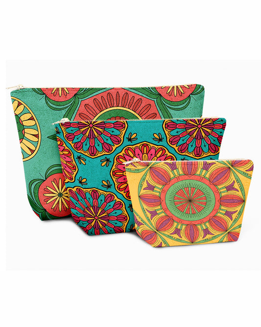 Set of 3 - REPOUCH Essential Zipper Pouch for Makeup Bag in Bohemian Mandala Vintage Colorful Flower 25