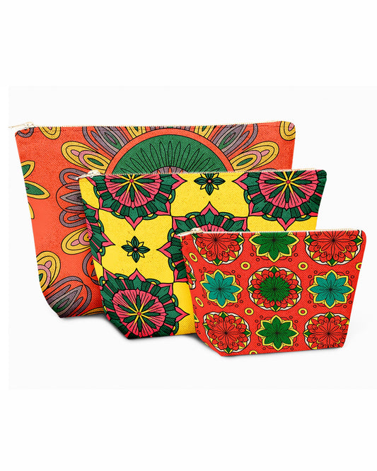 Set of 3 - REPOUCH Essential Zipper Pouch for Makeup Bag in Bohemian Mandala Vintage Colorful Flower 09