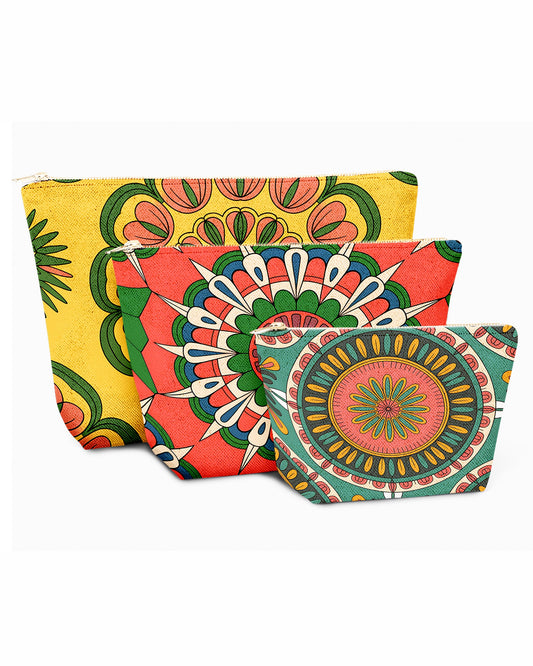 Set of 3 - REPOUCH Essential Zipper Pouch for Makeup Bag in Bohemian Mandala Vintage Colorful Flower 08