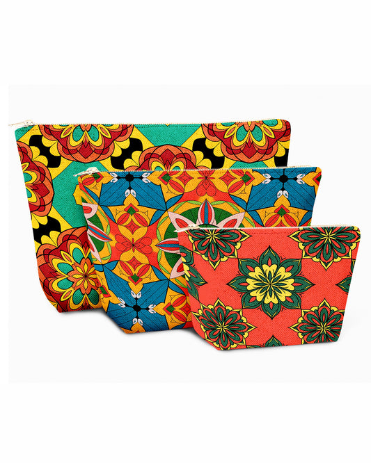 Set of 3 - REPOUCH Essential Zipper Pouch for Makeup Bag in Bohemian Mandala Vintage Colorful Flower 13