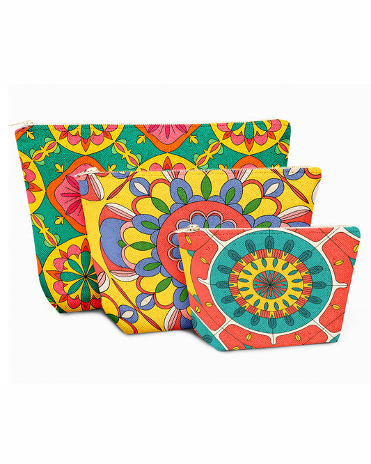 Set of 3 - REPOUCH Essential Zipper Pouch for Makeup Bag in Bohemian Mandala Vintage Colorful Flower 14