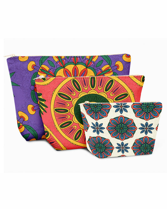 Set of 3 - REPOUCH Essential Zipper Pouch for Makeup Bag in Bohemian Mandala Vintage Colorful Flower 16