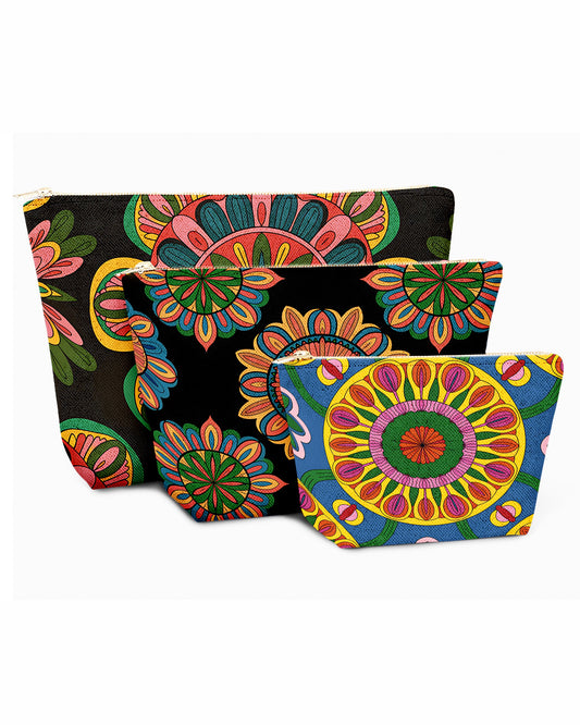 Set of 3 - REPOUCH Essential Zipper Pouch for Makeup Bag in Bohemian Mandala Vintage Colorful Flower 18