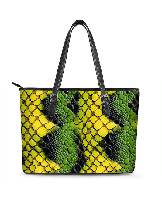 RE:LEATHER Leather Saddle Shoulder Bag with Top Handle Casual Tote Bag in Black and Yellow Green Snake Skin
