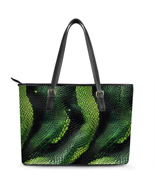 RE:LEATHER Leather Saddle Shoulder Bag with Top Handle Casual Tote Bag in Green and Black Snake Skin