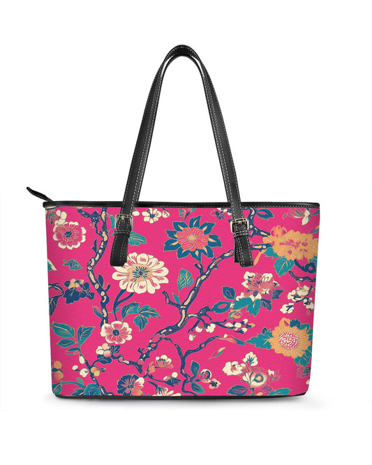RE:LEATHER Leather Saddle Shoulder Bag with Top Handle Casual Tote Bag in Bright Pink Flower