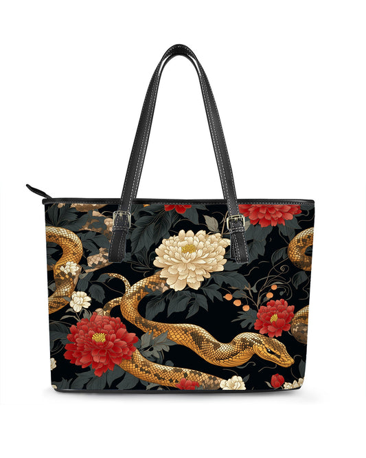 RE:LEATHER Leather Saddle Shoulder Bag with Top Handle Casual Tote Bag in Snake and Bloom Peony Flower