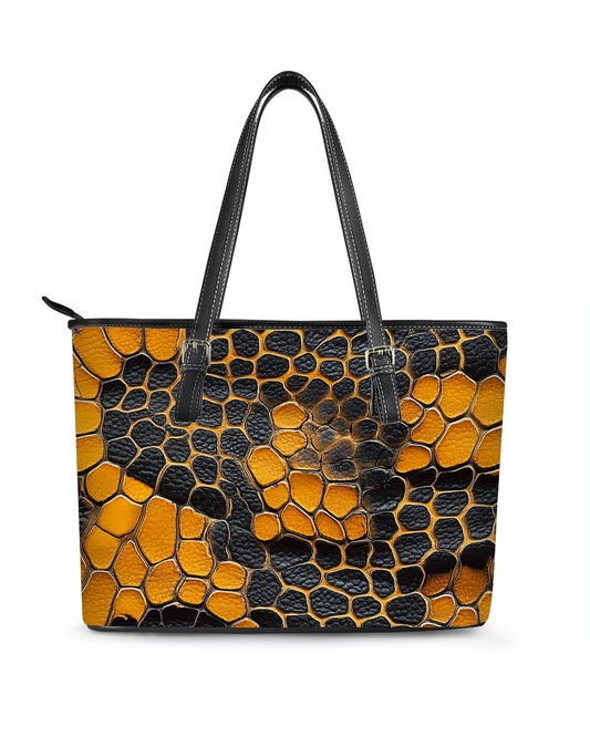 RE:LEATHER Leather Saddle Shoulder Bag with Top Handle Casual Tote Bag in Zoomed in Orange Snake Skin
