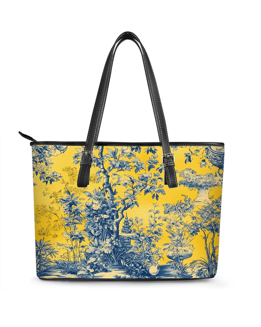 RE:LEATHER Leather Saddle Shoulder Bag with Top Handle Casual Tote Bag in Yellow Delft Chinoiserie