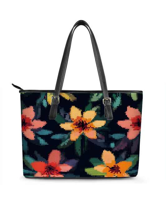 RE:LEATHER Leather Saddle Shoulder Bag with Top Handle Casual Tote Bag in Pixelated Flower Pattern