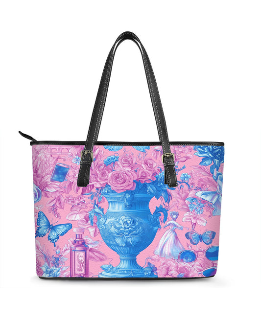 RE:LEATHER Leather Saddle Shoulder Bag with Top Handle Casual Tote Bag in Pink Blue Butterflies