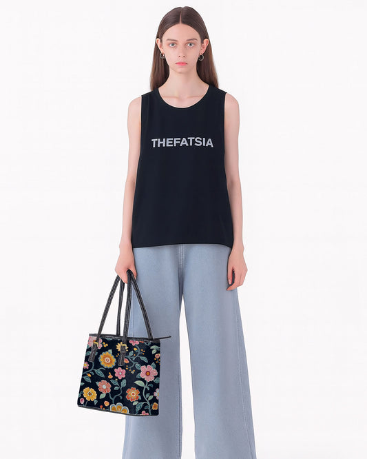 RE:LEATHER Leather Saddle Shoulder Bag with Top Handle Casual Tote Bag in Colorful Dark Blue Flowers