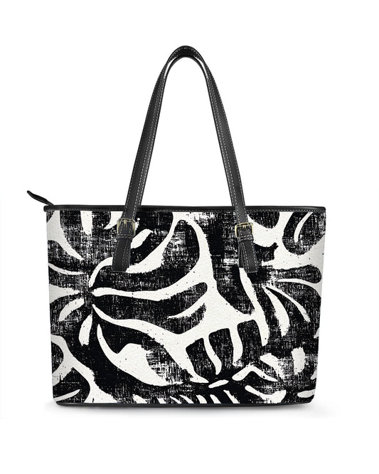 RE:LEATHER Leather Saddle Shoulder Bag with Top Handle Casual Tote Bag in Pothos Leaf Black and White