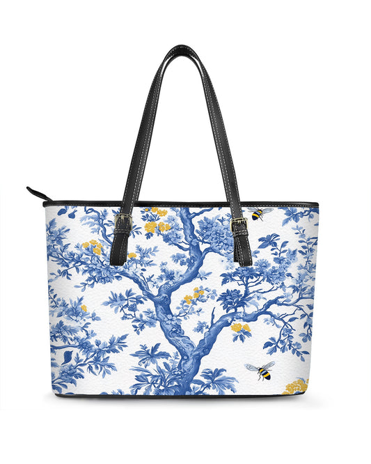 RE:LEATHER Leather Saddle Shoulder Bag with Top Handle Casual Tote Bag in Blue and Yellow Tree with Bees