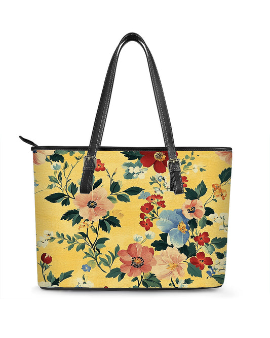 RE:LEATHER Leather Saddle Shoulder Bag with Top Handle Casual Tote Bag in Yellow Vintage Flower